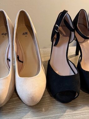 H&M Black Ankle-Strap Peep-Toe Heels and Cream Suede Pumps